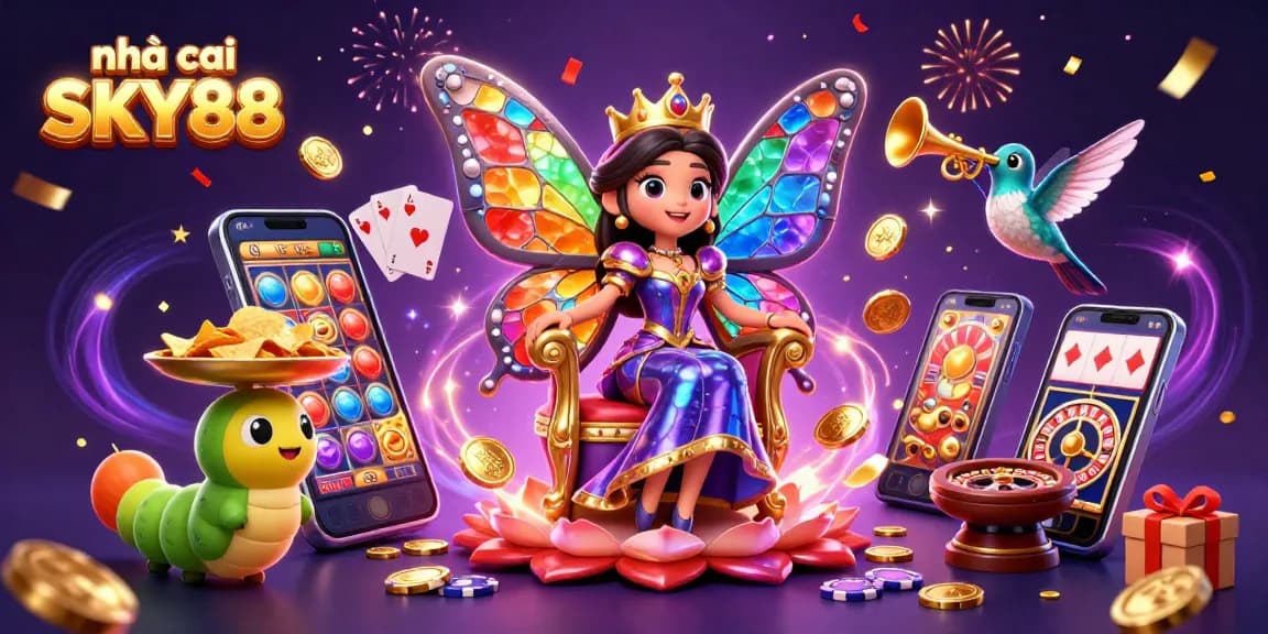 Experience gaming magic with the animated scene of nhà cái SKY88 showcasing vibrant casino elements.