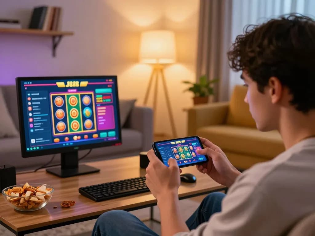 Player engages with J88 mobile app for exciting online gambling action in a cozy home setting.