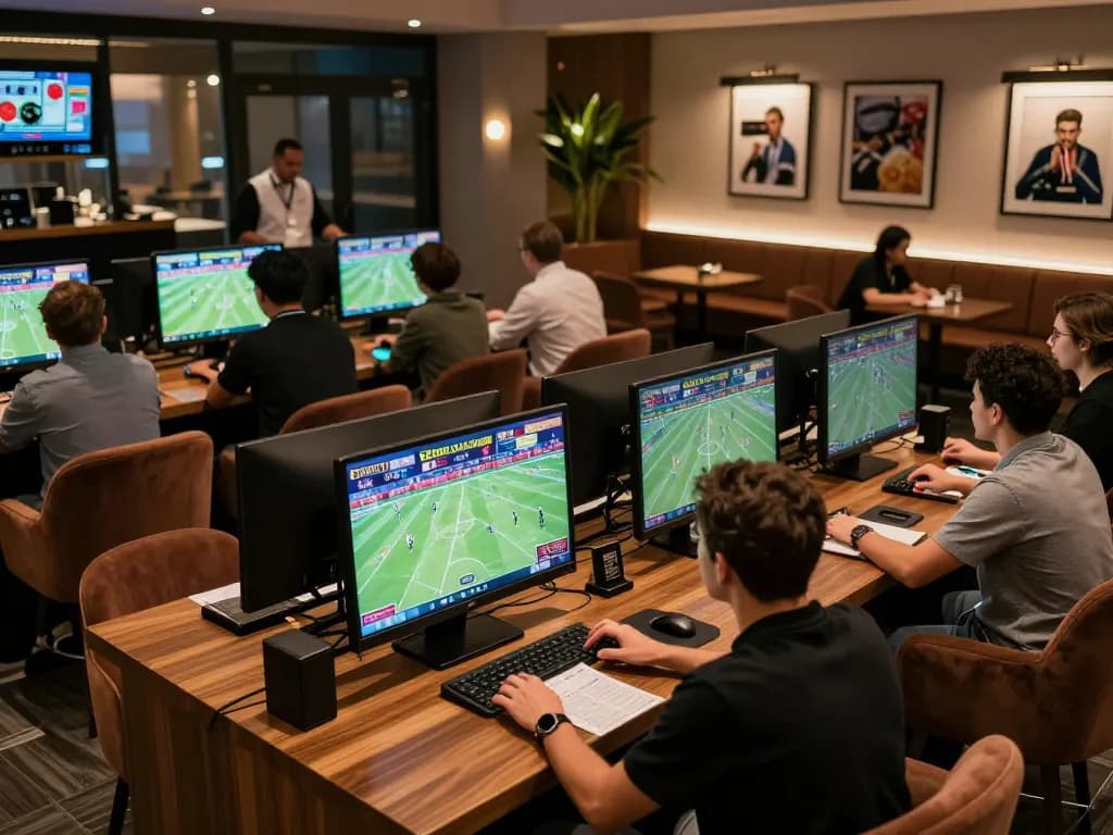 cm88 bettors engaging actively in a chic sports betting lounge with dynamic screens.