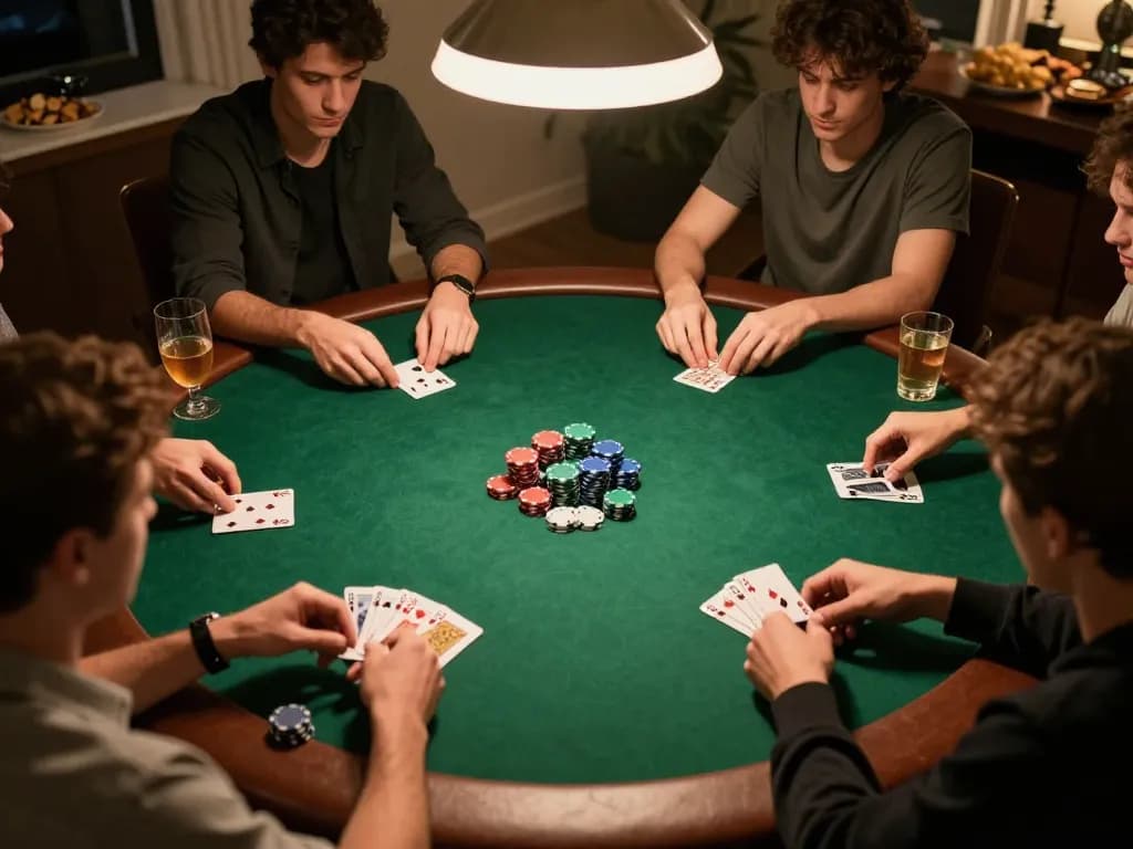 Players enjoy a friendly poker game with yo88 chips and cards in action at a cozy home gathering.
