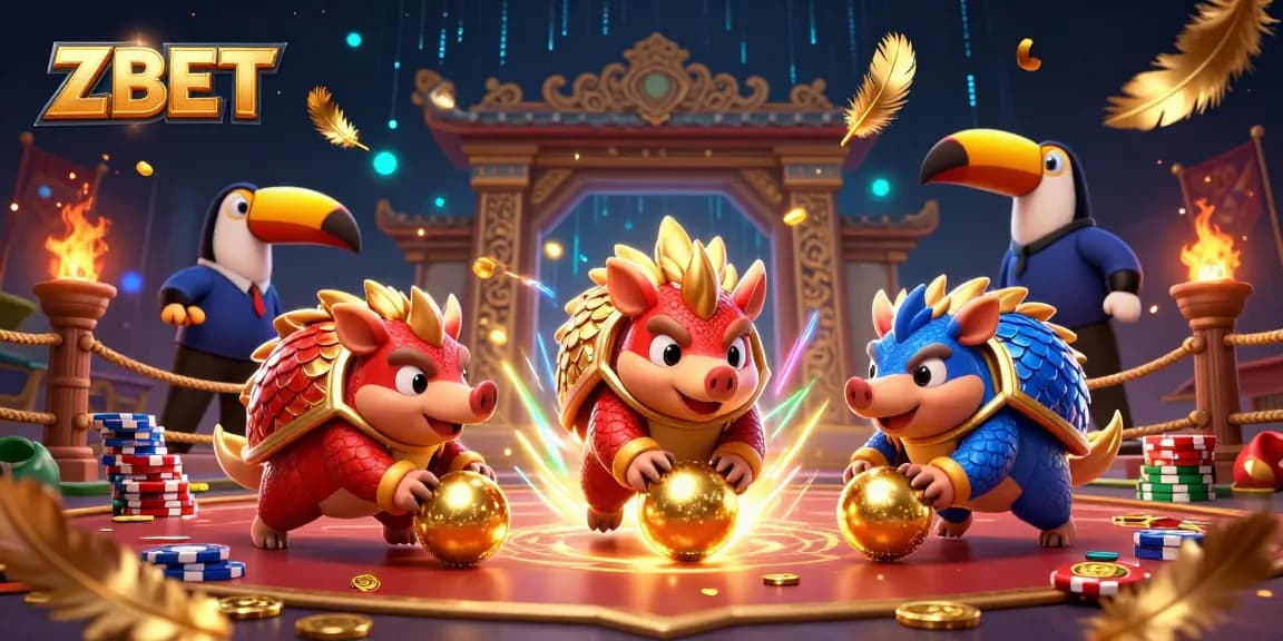 ZBET pangolins compete in a casino-themed dynamic scene, rolling golden balls over poker chips.