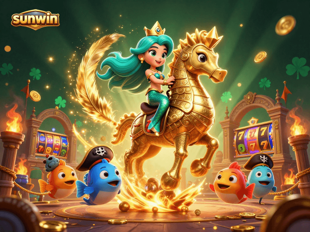 Experience the thrill of winning at sunwin in this vibrant casino illustration featuring a mermaid princess and seahorse.