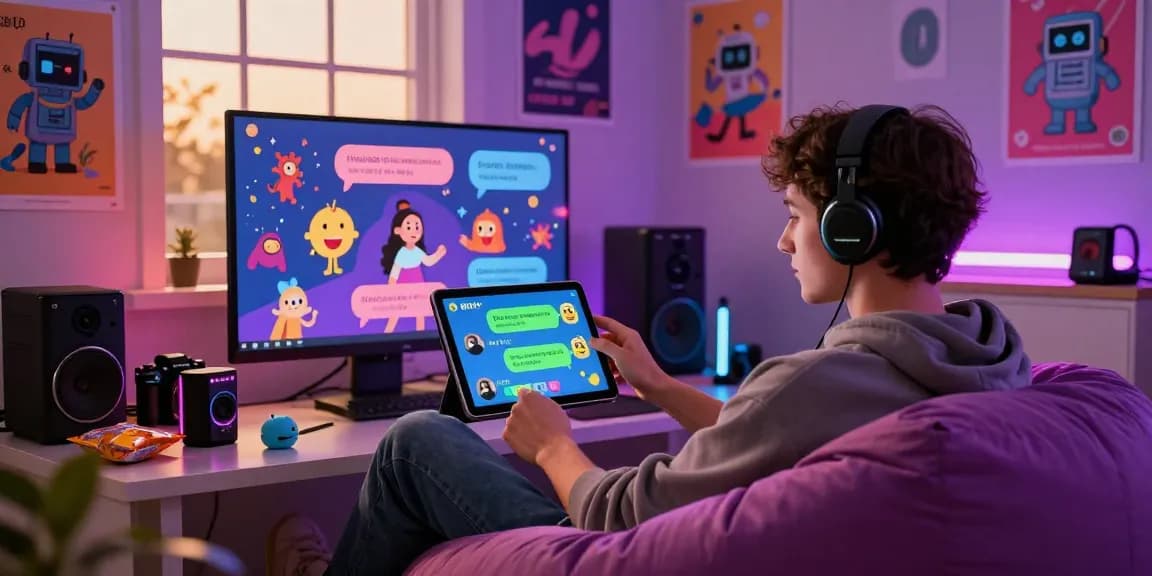 Engaging with an nsfw chat bot on a tablet in a vibrant room with ambient lighting.