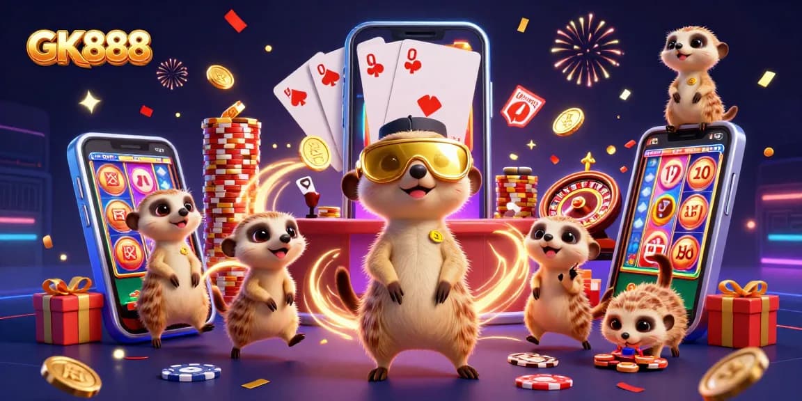Engage with GK888 at a vibrant casino scene featuring meerkats managing games and prizes.