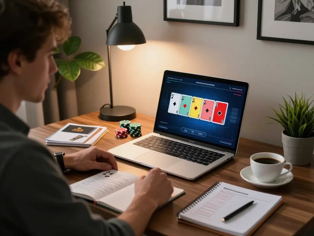 A23win player engaged in an online poker game strategy session at home for responsible gaming.