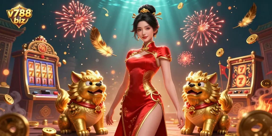 Join the action at v788 biz with an enchanting 3D illustration featuring a glamorous Asian woman and iconic symbols of chance.