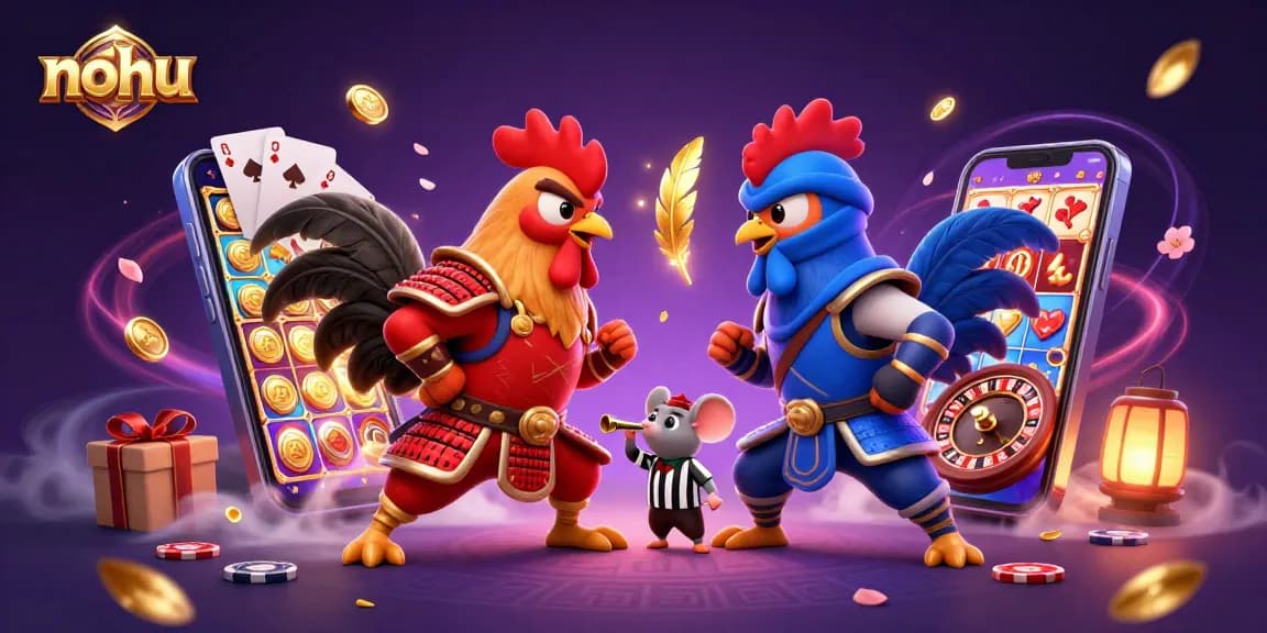 Nohu's thrilling showdown of roosters in armor amidst vibrant casino elements.