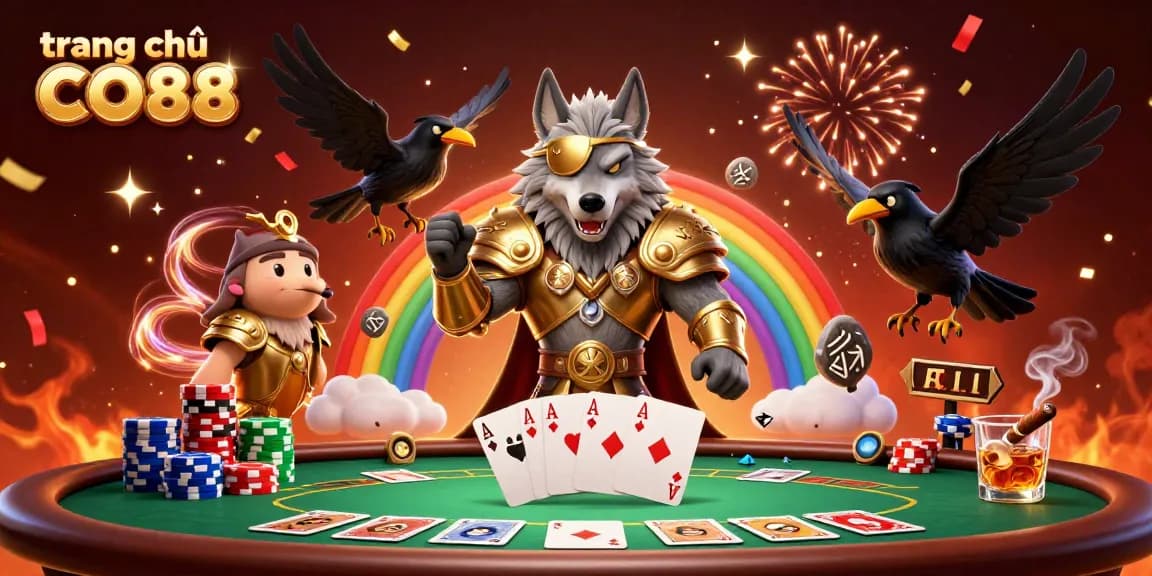 Experience a thrilling scene at trang chủ CO88 with Odin and ravens surrounded by vibrant gaming elements.