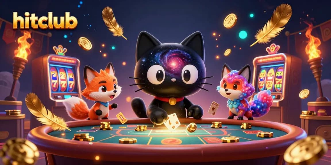 Hitclub's cosmic casino features a black hole cat drawing in golden chips and cards amidst slot themes and vibrant colors.