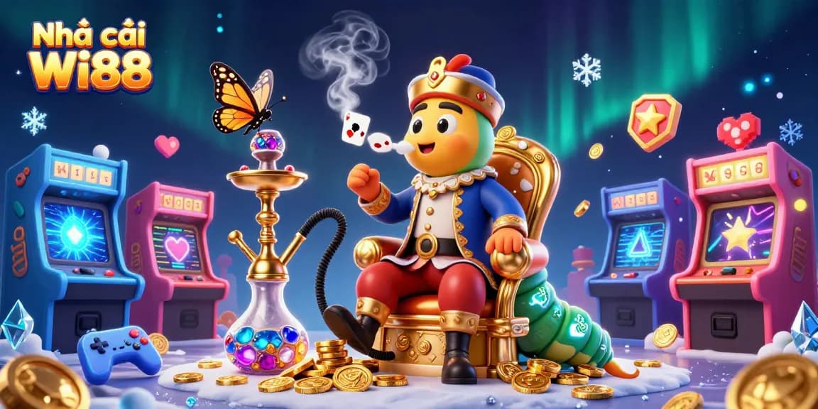 Experience Nhà cái Wi88 in a vibrant scene with poker symbols, coins, and a magical atmosphere.
