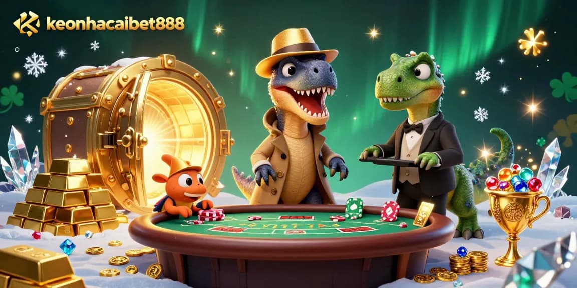 Engage with keonhacaibet888 at a lively casino scene with a velociraptor, stegosaurus, and compy characters.