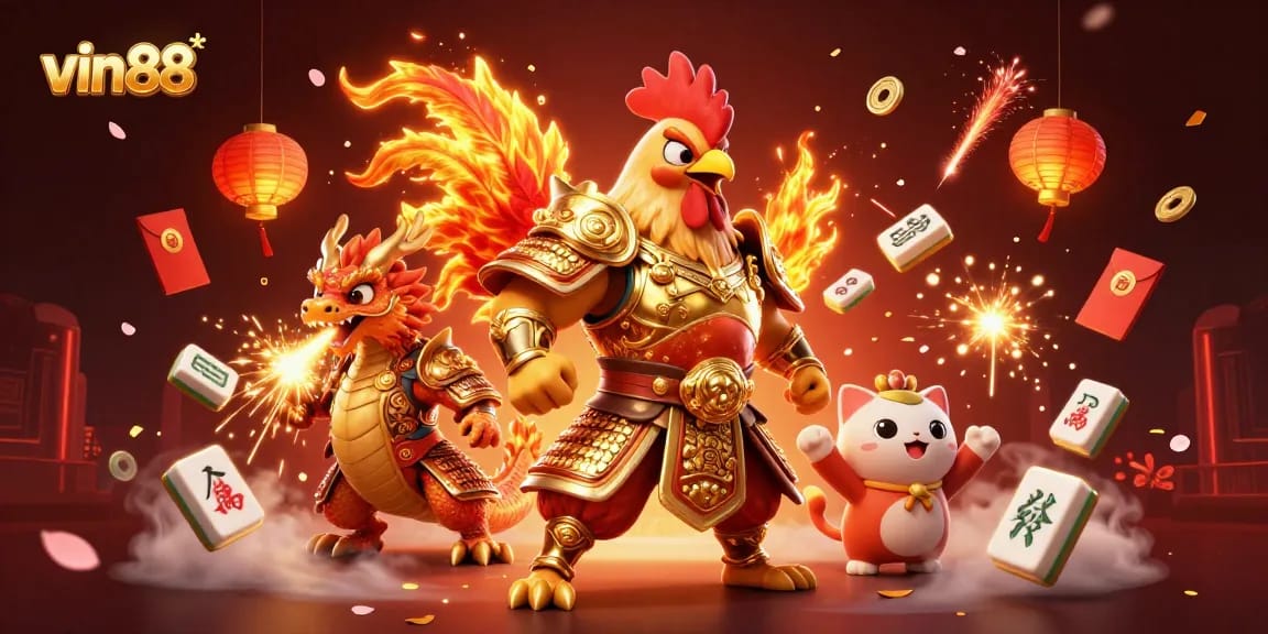 Win big with vin88 in this vibrant 3D casino scene featuring energetic characters and exciting game elements.