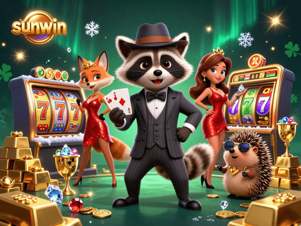 Experience thrilling gameplay at sunwin with a captivating scene of a raccoon, fox, and hedgehog in a vibrant casino atmosphere.