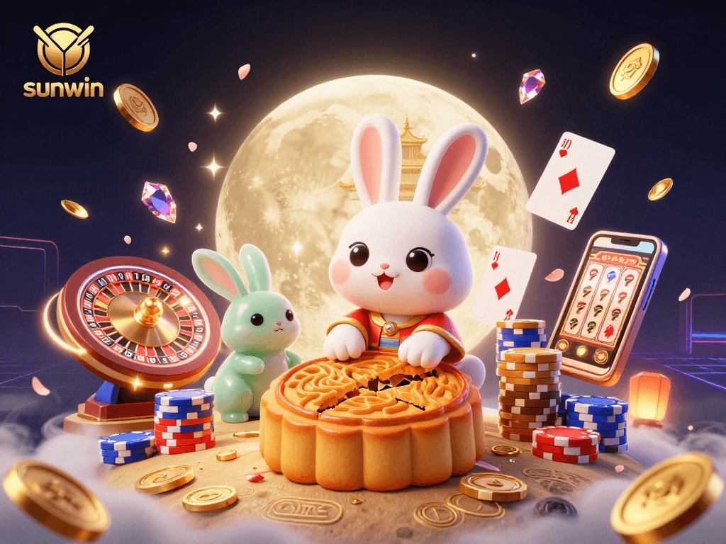 Experience sunwin's exciting casino adventure with a cartoon moon rabbit amidst vibrant gaming elements.