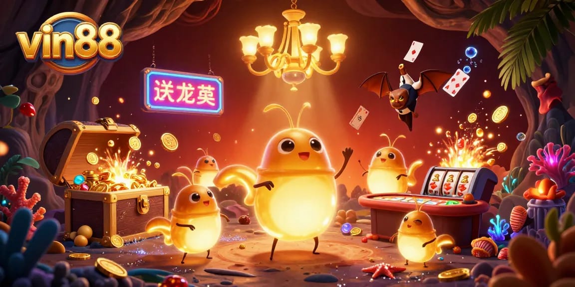 Engage with vin88's vibrant casino experience featuring glowing worms, a bat dealer, and treasure elements in a lively scene.