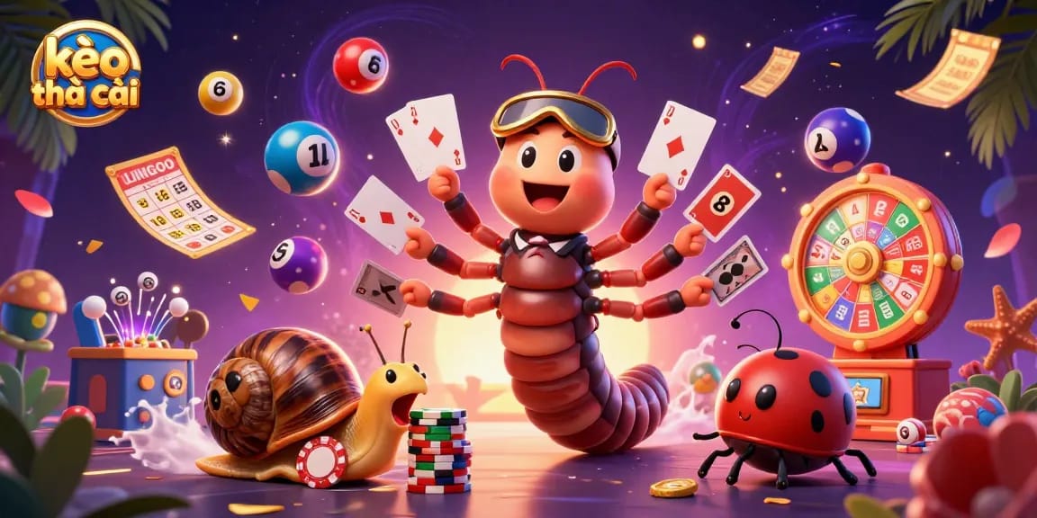kèo nhà cái players engaging in vibrant casino activities with 3D characters and lottery elements