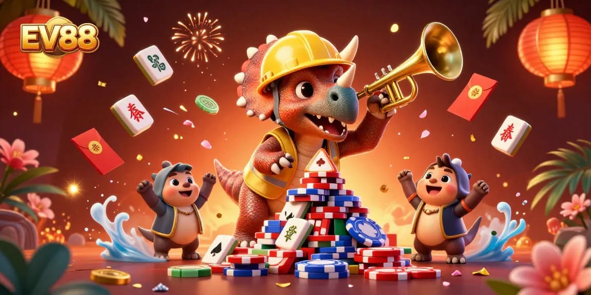 EV88 celebrates winning moments with a joyful triceratops and friends at a vibrant casino scene.