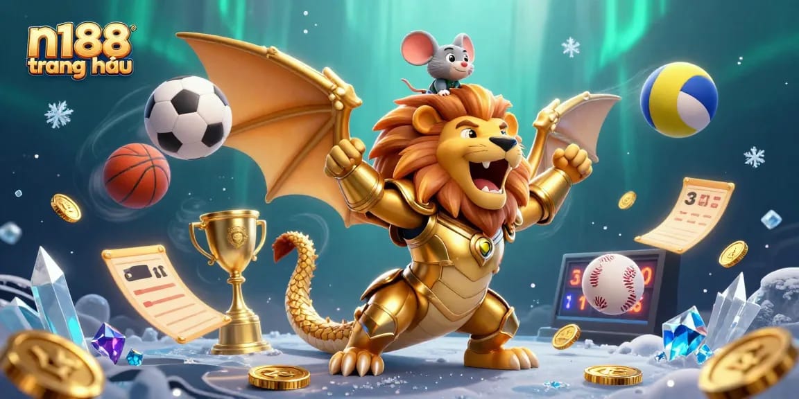 N188 trang chủ showcases a dynamic scene with a chimera roaring triumphantly while elements of sports betting surround it, conveying excitement.