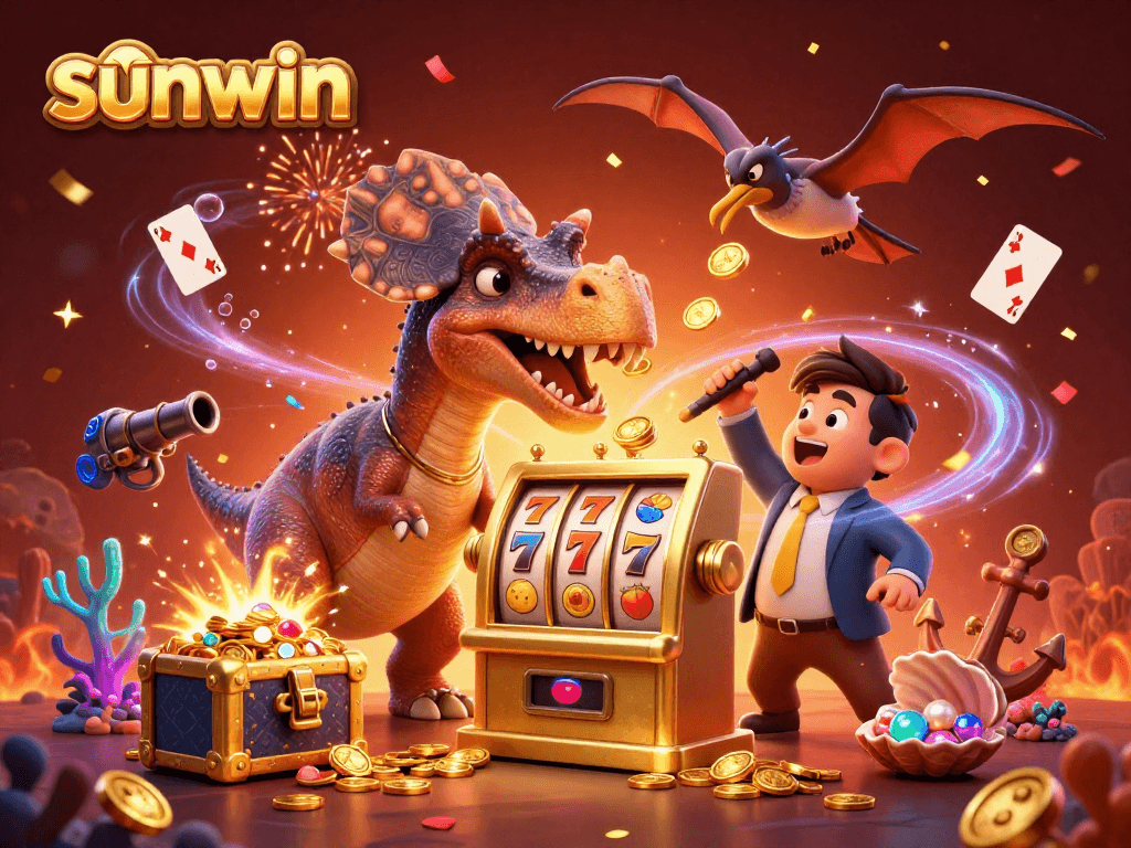 Experience the thrill of sunwin as a pachycephalosaurus wins jackpot coins, amidst dynamic casino imagery.