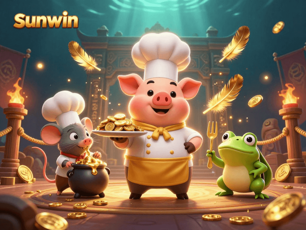 Experience sunwin's vibrant casino atmosphere with a chef pig serving gold coins amid dynamic game elements.