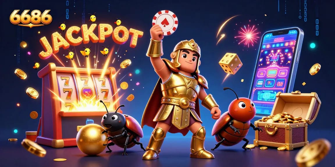 Engage with 6686's exciting gaming experience featuring a victorious hercules beetle in a dynamic jackpot scene.