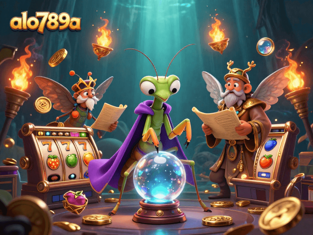 Join the action at alo789a with vibrant slot games and a mystical fortune teller in this engaging scene.