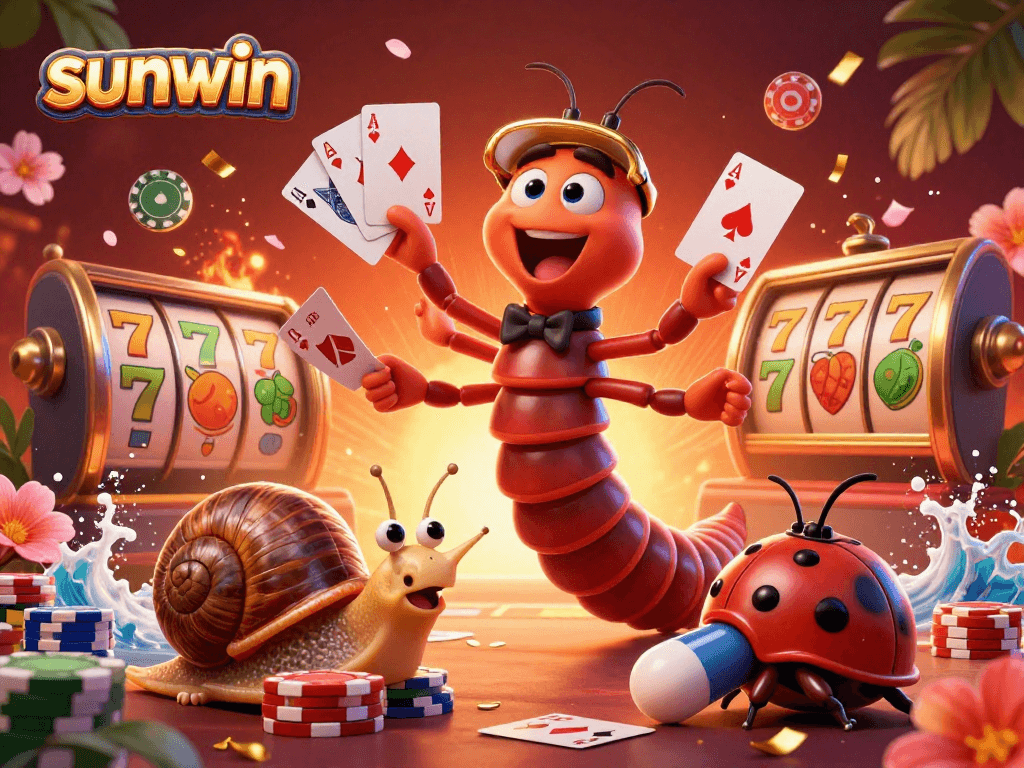 Experience the thrill of sunwin with vibrant 3D characters in a lively casino illustration.