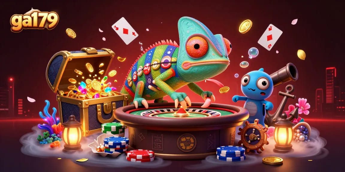 Experience thrilling moments with ga179, where the colorful chameleon owner manages exciting games in a captivating casino.
