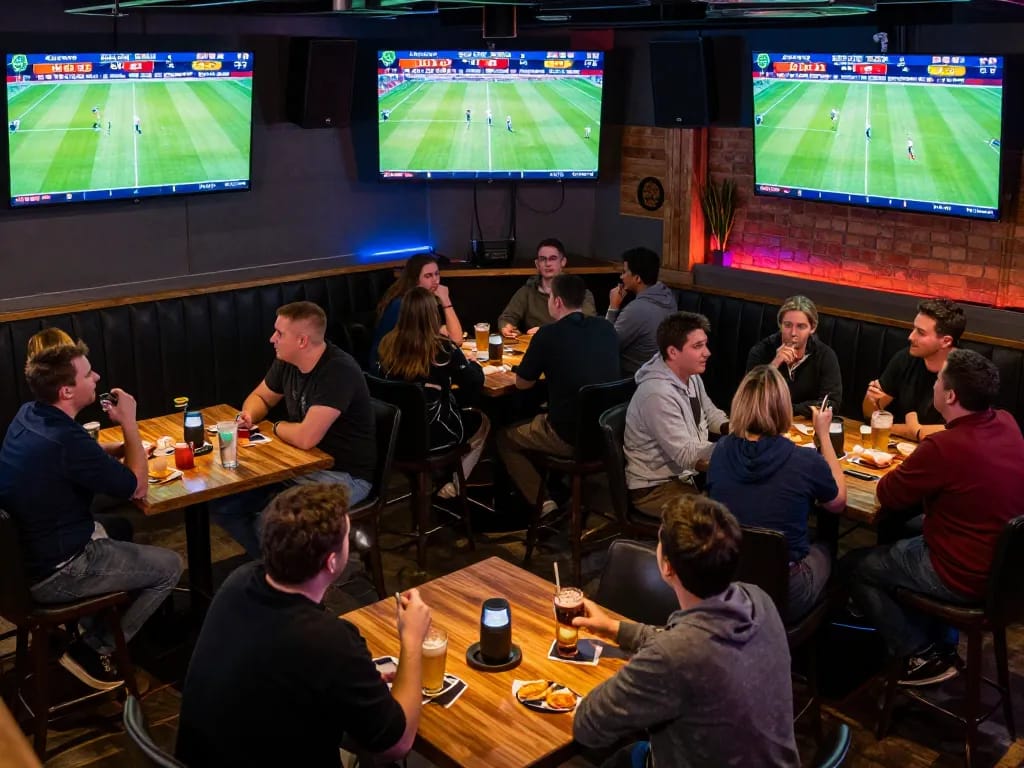 Engaged fans at a sports bar following kênh trực tiếp bóng đá hôm nay while celebrating goals and discussing bets