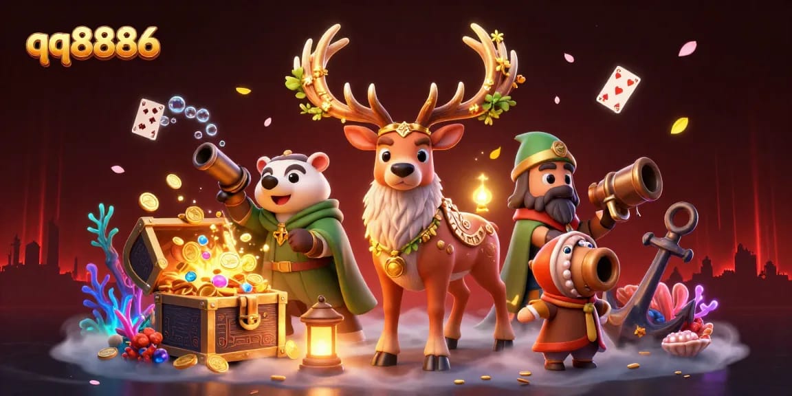 qq8886 showcases vibrant 3D casino scene with a druid stag, treasures, and playing cards