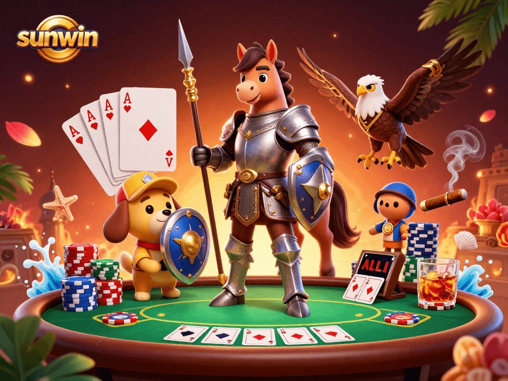 Engage in thrilling poker battles at sunwin with a knight, puppy, and falcon amidst vibrant casino elements.
