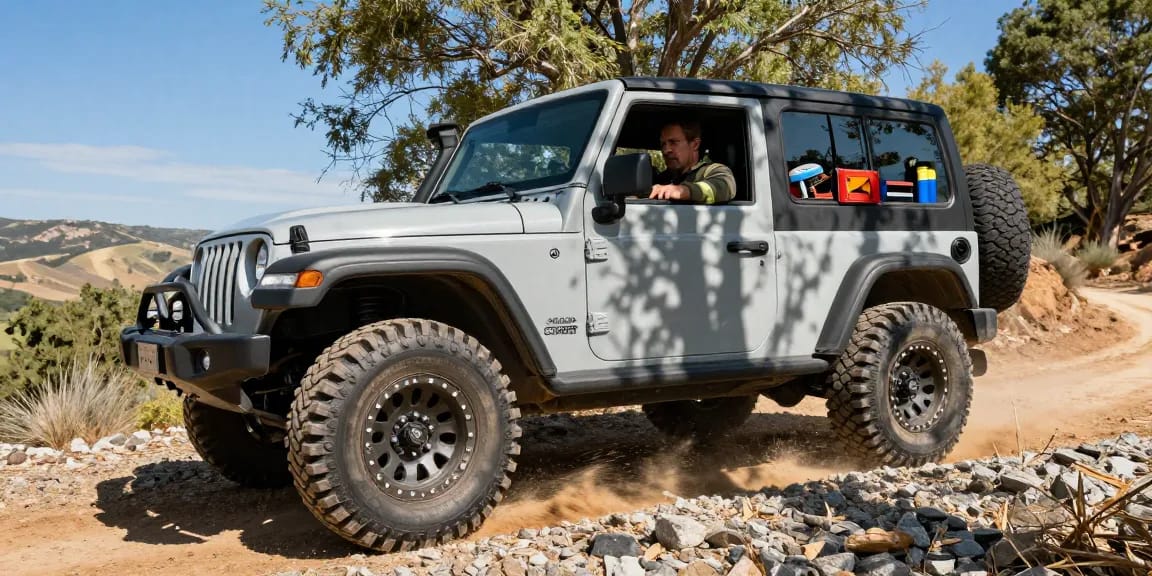 Off-road vehicle showcasing the Double Coin RR99 tires navigating rough terrain with a focus on adventure and durability.