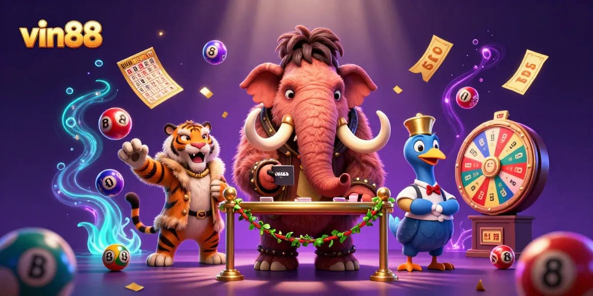 Experience the vibrant excitement of vin88 with dynamic casino characters amidst colorful lottery elements.