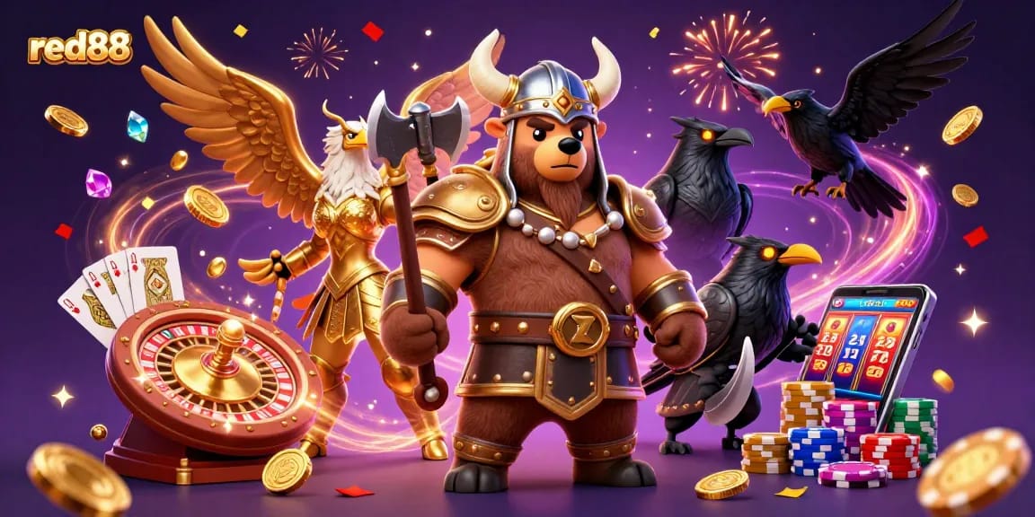 Experience the excitement of red88 with a vibrant 3D casino illustration showcasing dynamic gameplay elements.