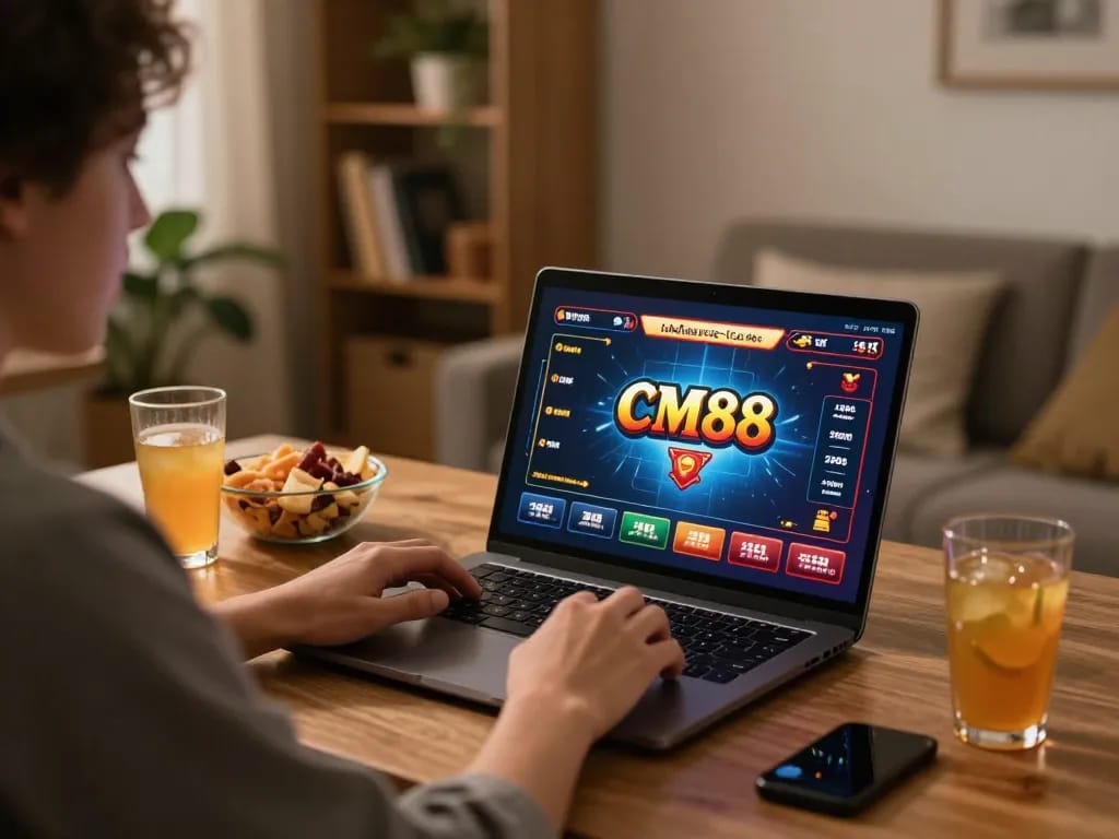 Engaging online casino experience at cm88 with a player focused on the screen, cozy setup.