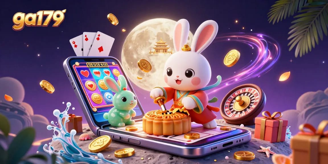 Experience the thrilling excitement of GA179's moonlit gambling paradise with poker chips and vibrant casino elements.