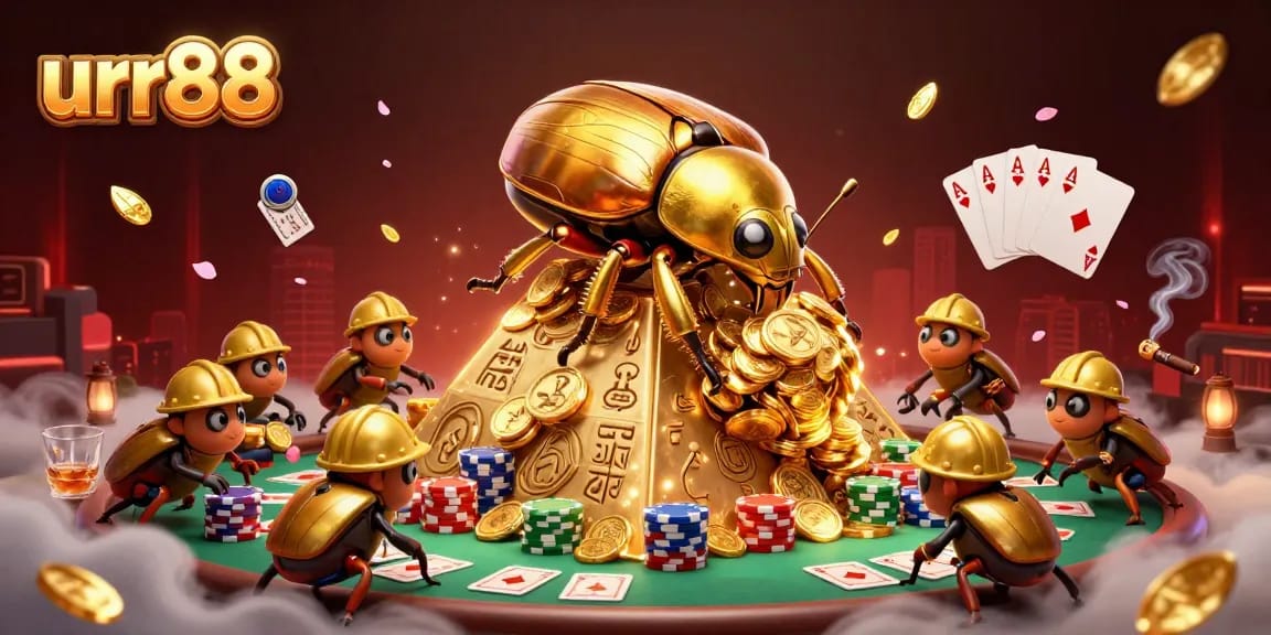 Spin and win at urr88, featuring a golden beetle amidst a dynamic casino scene.