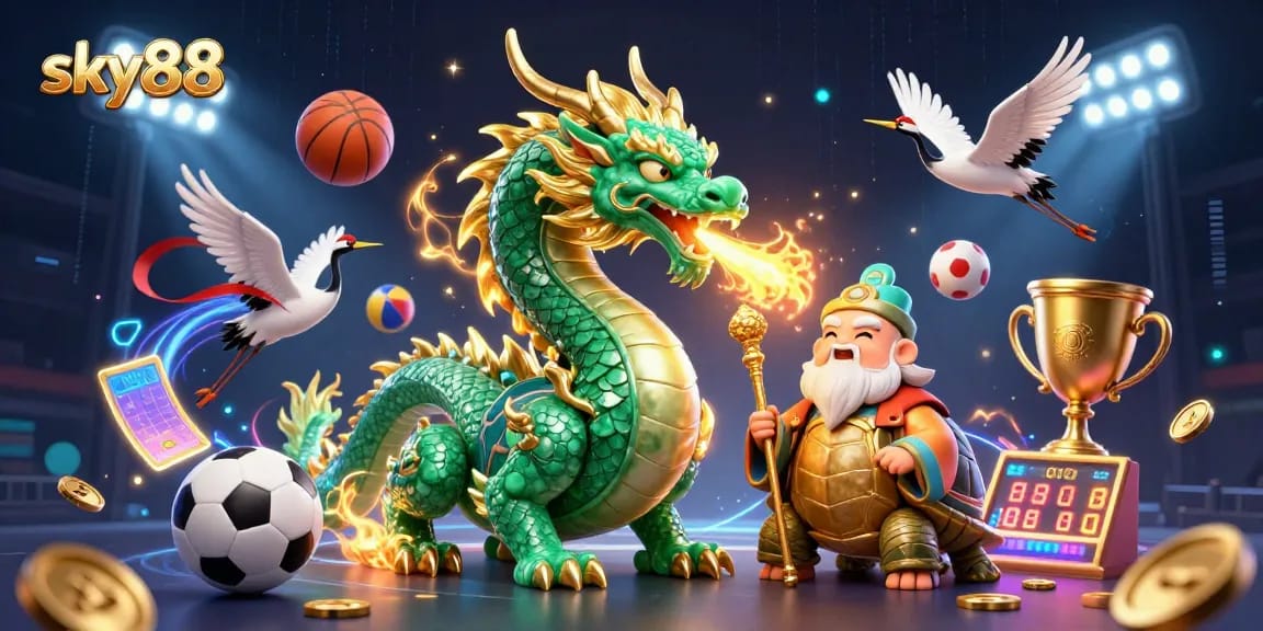 Engage in thrilling gameplay with sky88's vibrant 3D casino illustration, showcasing a jade dragon and lucky symbols.
