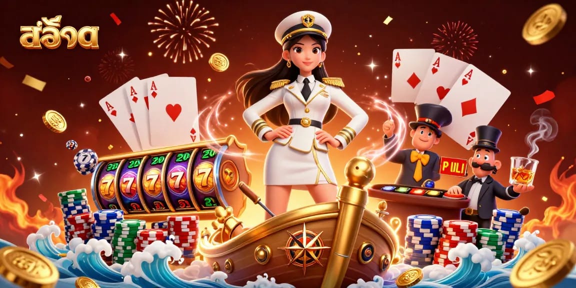 Spin สล็อต reels amidst a vibrant casino setting filled with golden coins and poker elements.