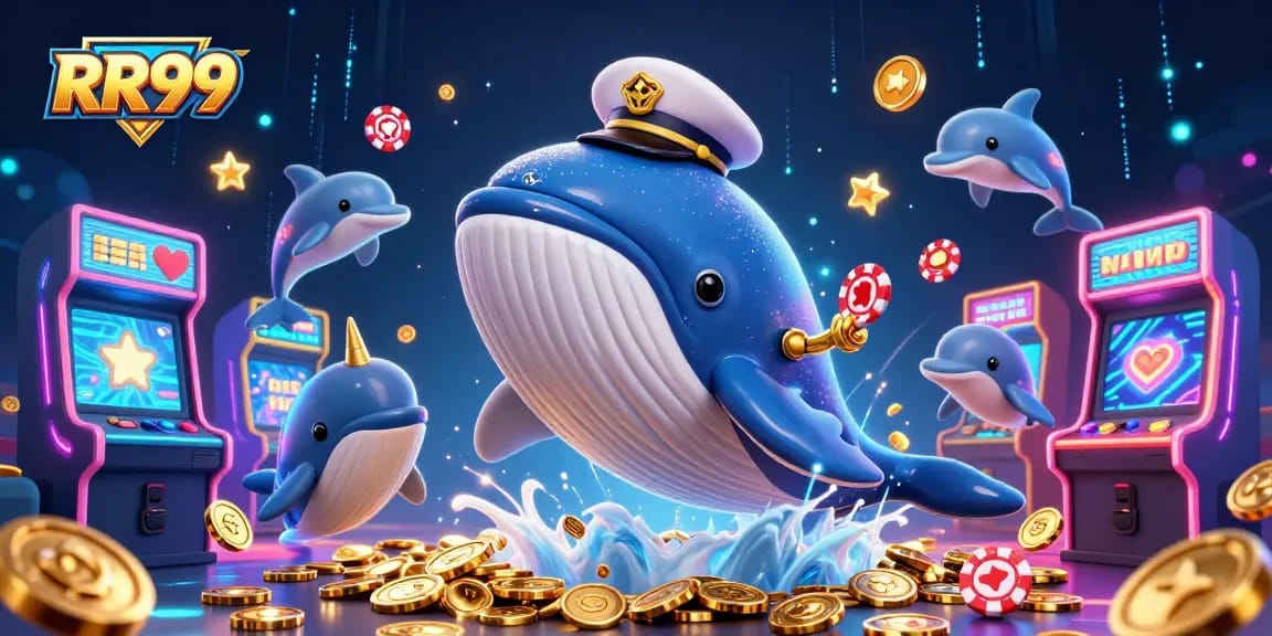 Win big with RR99 in this vibrant casino scene featuring playful dolphins and a golden narwhal.