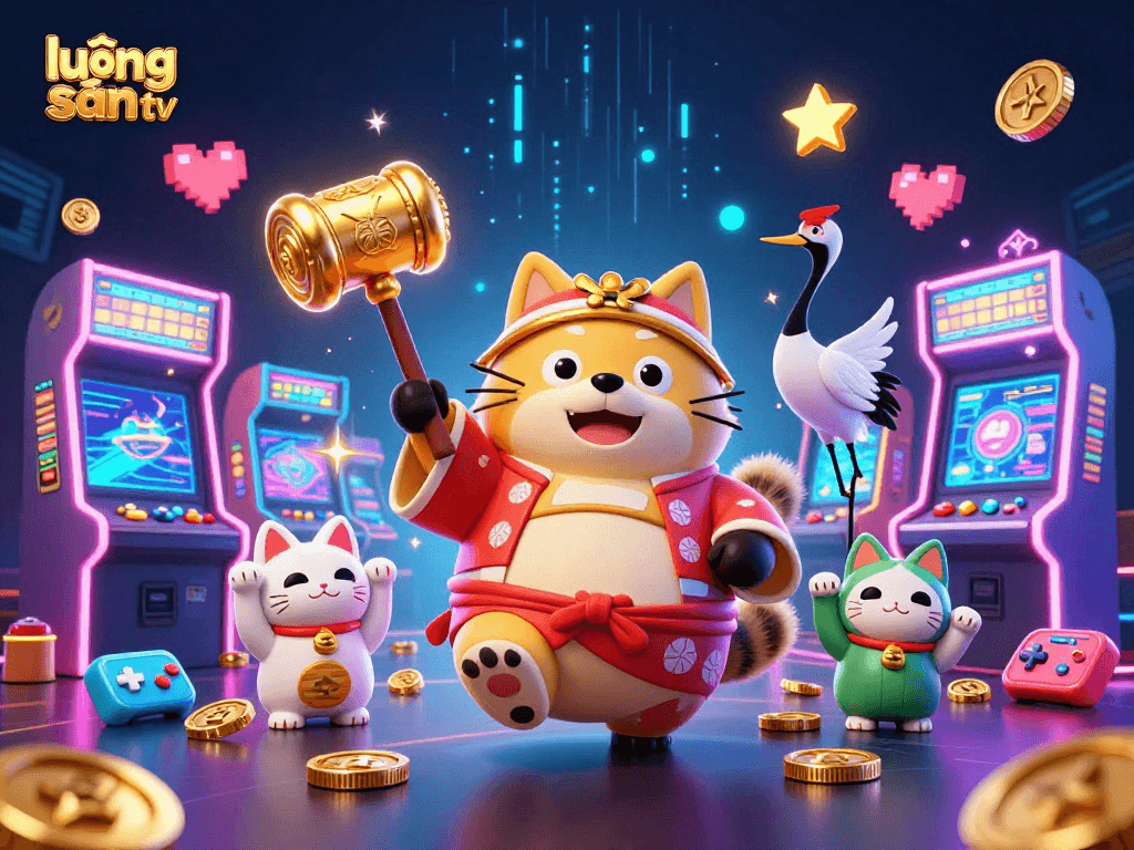 Experience lương sơn tv with cheerful tanuki and maneki-neko fortune cats in a vibrant gaming setup.