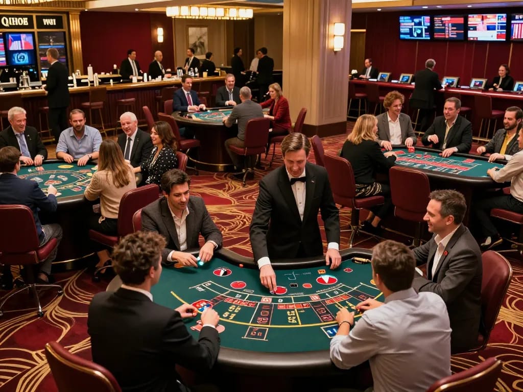 Link u888 players enjoying vibrant action at casino tables amid soft lighting and a lively atmosphere.