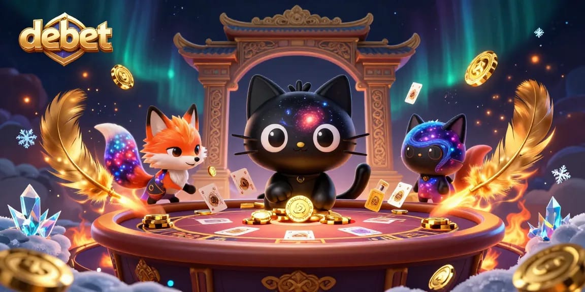 Experience debet's captivating online casino atmosphere with dynamic characters and soaring golden chips.
