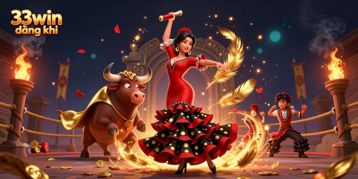 Join 33win đăng ký to experience thrilling gaming with a flamenco dancer and a golden bull amidst an exciting arena.