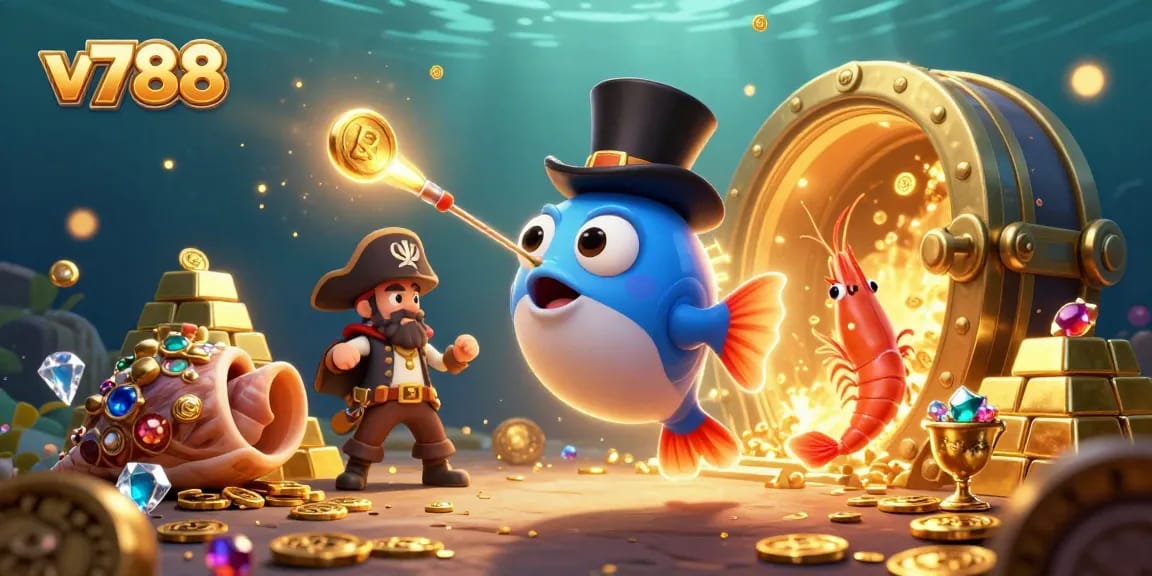 Experience v788's vibrant gaming world with a playful anglerfish and pirate shrimp in a treasure-filled underwater scene.