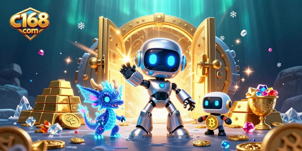 Experience exciting adventures with c168 com in this vibrant casino-themed illustration showcasing wealth and gaming.