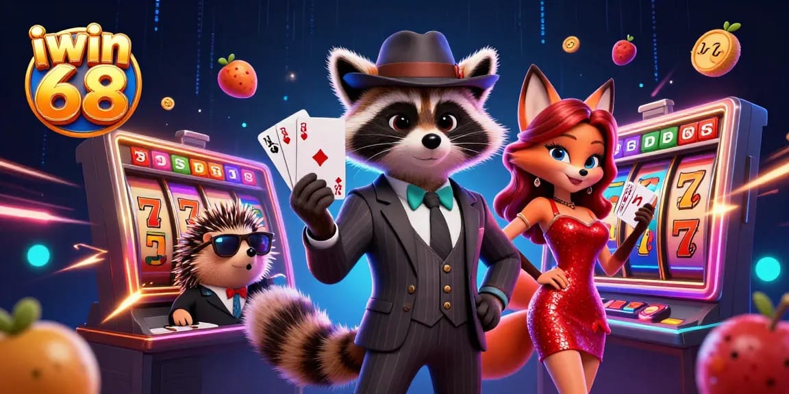 Experience the thrilling world of iwin 68 with a suave raccoon, glamorous fox, and hedgehog bouncer in a dynamic casino scene.