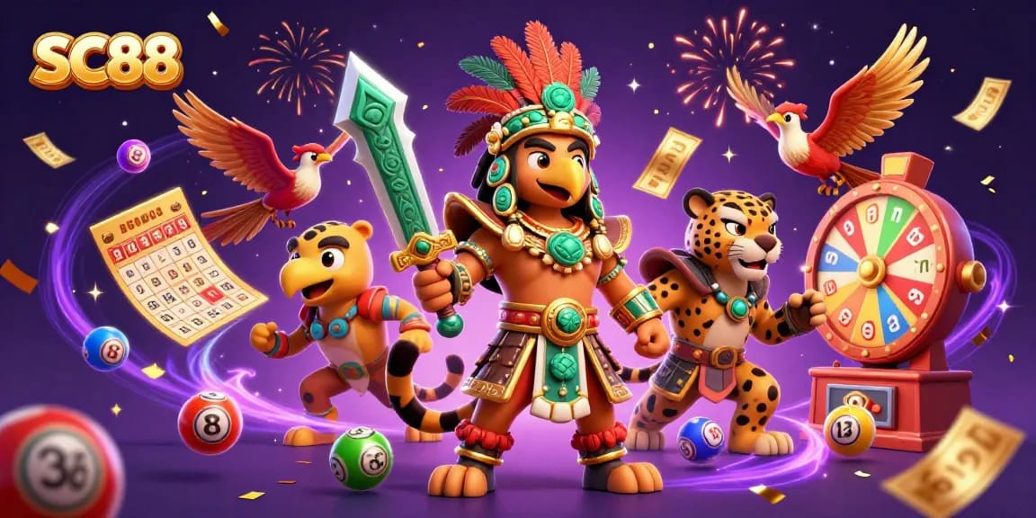 SC88 Aztec-themed illustration showing characters in a vibrant casino setting with lottery elements.