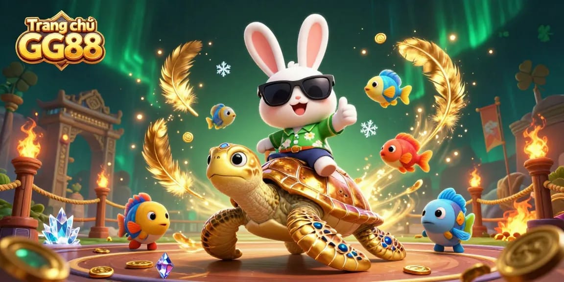 Engage with exciting games on Trang chủ GG88 featuring a lucky rabbit and golden turtle in a vibrant casino scene.