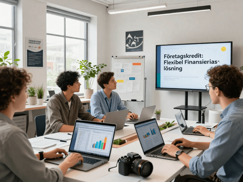 Team diskuterar företagskreditstrategier i ett modernt kontorsutrymme.